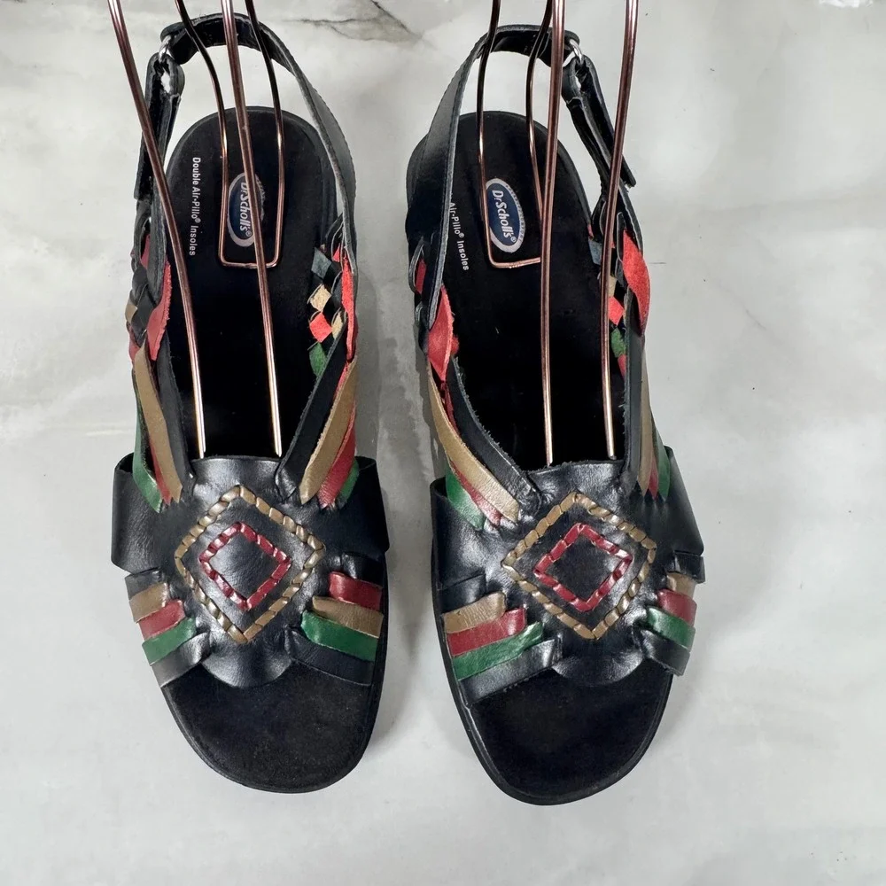 Vintage‎ Dr. Scholl's Huaraches Mexican Sandals Woven Black Leather Boho 7.5 W